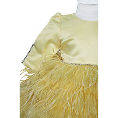 Rochie galbena cu pene pentru botez, 2 piese, rochie, bentita, REC823