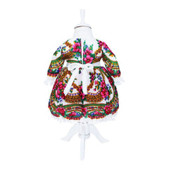 Rochie pentru botez, alb cu imprimeu floral stil gipsy pentru fetite, 2 piese rochie si bentita, REC1186