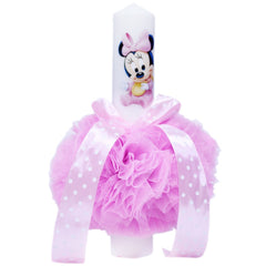 Set complet de botez pentru fete, lumanare accesorizata cu tulle tip glob roz si Minnie Mouse, trusou imprimat cu Minnie Mouse si mesajul "Cu drag de la nasi", 6 piese, rochie compusa din 4 piese, REC1340