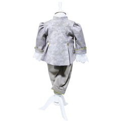 Set complet pentru botez, costum de print, lumanare cu bebe print aplicat, trusou brodat cu coroana de print si mesajul " Cu drag de la nasi", 13 piese, alb-crem, REC395