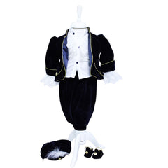 Set complet pentru botez, costum de print, lumanare cu coroana aplicata, trusou brodat cu coroana de print si mesajul " Cu drag de la nasi", 13 piese, alb-bleumarin, REC396