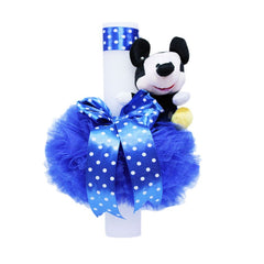 Set complet pentru botez, costum, lumanare si trusou brodat cu Mickey Mouse si cu mesajul, 13 piese, alb-albastru electric, REC393