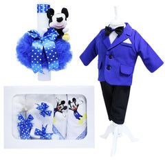 Set complet pentru botez, costum, lumanare si trusou brodat cu Mickey Mouse si cu mesajul, 13 piese, alb-albastru electric, REC393