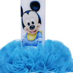 Set complet pentru botez, costum, lumanare si trusou imprimat cu Mickey Mouse si cu mesajul "Cu drag de la nasi", 12 piese, alb-turcoaz, REC392