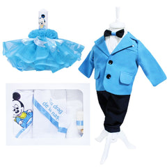 Set complet pentru botez, costum, lumanare si trusou imprimat cu Mickey Mouse si cu mesajul "Cu drag de la nasi", 12 piese, alb-turcoaz, REC392