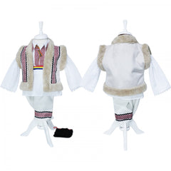 Set complet pentru botez, costum popular alb-rosu cu vesta imblanita, lumanare traditionala si trusou, 12 piese, Recostore, REC1664