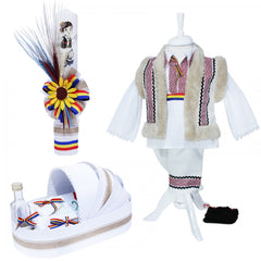 Set complet pentru botez, costum popular alb-rosu cu vesta imblanita, lumanare traditionala si trusou, 12 piese, Recostore, REC1664