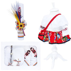 Set complet pentru botez, costum traditional din zona maramuresului pentru fete, lumanare cu spice de grau si aplicatii traditionale, trusou cu tarancuta brodata, 13 piese, alb-traditional-rosu, REC408