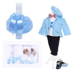 Set complet pentru botez de baieti, costum bleu, trusou brodat cu ingeras, lumanare si pantofiori, 14 piese , Recostore, REC1868