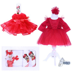 Set complet pentru botez de fetite, rosu, Minnie Mouse, lumanare, trusou, rochita si pantofiori, 11 piese, REC1979