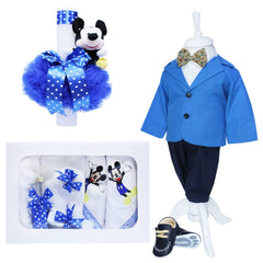 Set complet pentru botez, lumanare albastru electric cu Mickey Mouse, trusou cu Mickey Mouse din 7 piese, costum 5 piese si pantofiori, REC1280