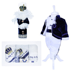 Set complet pentru botez, lumanare bleumarin cu coroana de print, trusou brodat cu coroana si mesajul "Cu drag de la nasi", 7 piese, costum Micul print format din 4 piese, REC1293