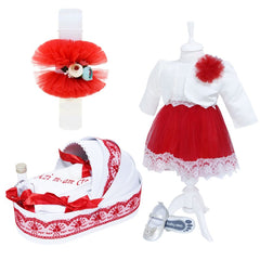 Set complet pentru botez, lumanare glob cu tulle rosu, rochie alb-rosie din tulle si satin, trusou brodat cu mesajul "Azi m-am crestinat" si pantofiori, 11 piese, REC949