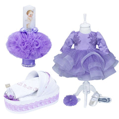 Set complet pentru botez, lumanare lila cu bebe printesa, rochie lila din tulle si satin, trusou brodat cu mesajul "Azi m-am crestinat" si pantofiori, 10 piese, REC992