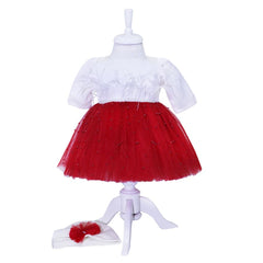 Set complet pentru botez, lumanare rosie cu bebe printesa, rochie alb-rosu din tulle si satin, trusou brodat cu coroana si mesajul "Cu drag de la nasi" si pantofiori, 11 piese, REC977