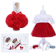 Set complet pentru botez, lumanare rosie cu bebe printesa, rochie alb-rosu din tulle si satin, trusou brodat cu coroana si mesajul "Cu drag de la nasi" si pantofiori, 11 piese, REC977