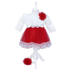 Set complet pentru botez, lumanare rosie cu "Minnie Mouse", rochie alb-rosie din tulle si satin, trusou brodat cu "Minnie Mouse" si pantofiori, 11 piese, REC945