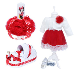 Set complet pentru botez, lumanare rosie cu "Minnie Mouse", rochie alb-rosie din tulle si satin, trusou brodat cu "Minnie Mouse" si pantofiori, 11 piese, REC945