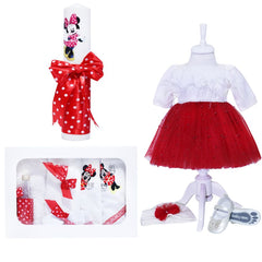 Set complet pentru botez, lumanare rosie cu "Minnie Mouse", rochie alb-rosu din tulle si satin, trusou brodat cu "Minnie Mouse" si pantofiori, 11 piese, REC976