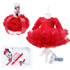 Set complet pentru botez, lumanare rosie cu "Minnie Mouse", rochie rosie din tulle si satin, trusou imprimat cu "Minnie Mouse" si mesajul "Cu drag de la nasi" si pantofiori, 10 piese, REC997