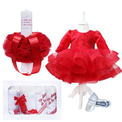 Set complet pentru botez, lumanare rosie"Cu drag de la nasi", rochie rosie din tulle si satin, trusou brodat "Cu drag de la nasi" si pantofiori, 11 piese, REC995