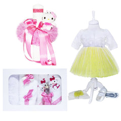 Set complet pentru botez, lumanare roz cu "Hello Kitty", rochie alb-galben din tulle si satin, trusou brodat cu "Hello Kitty" si pantofiori, 10 piese, REC987