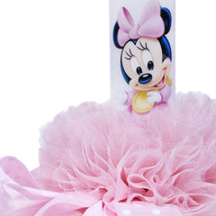 Set complet pentru botez, lumanare si trusou, alb-roz, cu mesaj �Cu mult drag de la nasi�, Minnie Mouse,7 piese, REC352