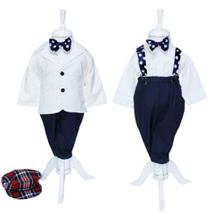 Set complet pentru botez, lumanare tip glob cu "Mickey Mouse", costum alb-bleumarin compus din 5 piese, trusou imprimat cu mesajul "Cu drag de la nasi" si "Mickey Mouse" si pantofiori, 13 piese, REC1262