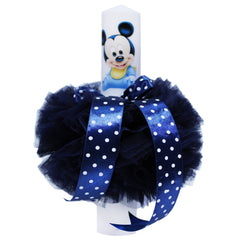 Set complet pentru botez, lumanare tip glob cu "Mickey Mouse", costum alb-bleumarin compus din 5 piese, trusou imprimat cu mesajul "Cu drag de la nasi" si "Mickey Mouse" si pantofiori, 13 piese, REC1262