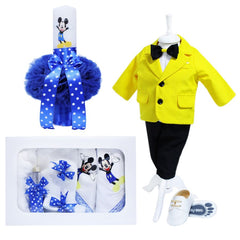 Set complet pentru botez, lumanare tip glob imprimata cu Mickey Mouse, costum, trusou brodat cu Michely Mouse si pantofiori, galben-albastru, 14 piese, REC884