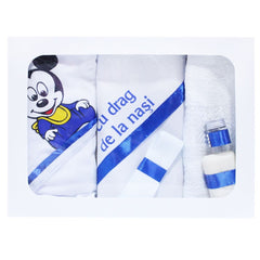 Set complet pentru botez, lumanare tip glob si trusou, alb-albastru electric, cu mesaj �Cu drag de la nasi�, 7 piese, Mickey Mouse, REC381