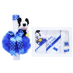 Set complet pentru botez, lumanare tip glob si trusou, alb-albastru electric, cu mesaj �Cu drag de la nasi�, 7 piese, Mickey Mouse, REC381