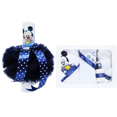 Set complet pentru botez, lumanare tip glob si trusou, alb-bleumarin, cu mesaj �Cu mult drag de la nasi�, Mickey Mouse, 7 piese, REC360