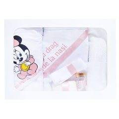 Set complet pentru botez, lumanare tip glob si trusou, alb-roz pudrat, cu mesaj �Cu mult drag de la nasi�, Minnie Mouse, 7 piese, REC359