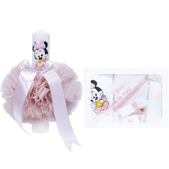 Set complet pentru botez, lumanare tip glob si trusou, alb-roz pudrat, cu mesaj �Cu mult drag de la nasi�, Minnie Mouse, 7 piese, REC359