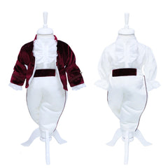 Set complet pentru botez, lumanare visiniu cu bebe print, trusou brodat cu coroana si mesajul "Cu drag de la nasi", 7 piese, costum Micul print format din 4 piese, REC1291