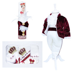 Set complet pentru botez, lumanare visiniu cu bebe print, trusou brodat cu coroana si mesajul "Cu drag de la nasi", 7 piese, costum Micul print format din 4 piese, REC1291