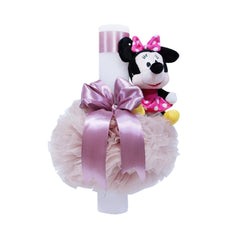 Set complet pentru botez pentru fete, lumanare roz pudrat cu Minnie Mouse de plus, trusou brodat cu Minnie Mouse, 7 piese, rochie compusa din 4 piese, REC1310