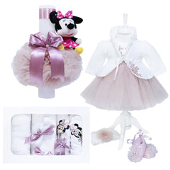 Set complet pentru botez pentru fete, lumanare roz pudrat cu Minnie Mouse de plus, trusou brodat cu Minnie Mouse, 7 piese, rochie compusa din 4 piese, REC1310