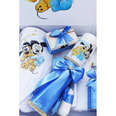 Set cutie trusou cu lumanare, 9 piese, Mickey Mouse "Cu drag de la nasi", bleu deschis, Recostore, REC2407