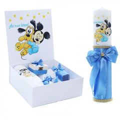 Set cutie trusou cu lumanare, 9 piese, Mickey Mouse "Cu drag de la nasi", bleu deschis, Recostore, REC2407