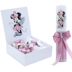 Set cutie trusou cu lumanare, 9 piese, Minnie Mouse "Cu drag de la nasi", roz pudrat, Recostore, REC2409