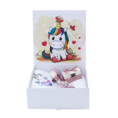 Set cutie trusou cu lumanare, 9 piese,  Unicorn "Cu drag de la nasi", roz pudrat, Recostore, REC2412