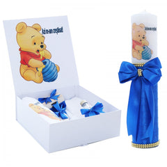 Set cutie trusou cu lumanare, 9 piese,  Winnie The Pooh "Cu drag de la nasi", albastru electric, REC2413