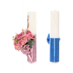 Set lumanari pentru nunta, flori artificiale, roz pudrat-albastru, 2 bucati, Recostore, REC1711