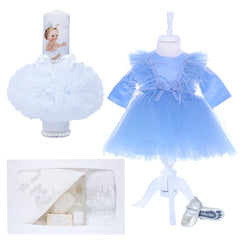 Set trusou complet pentru botez de fete, lumanare alba cu bebe printesa, rochita bleu cu pene, trusou "cu drag de la nasi" si pantofiori, 11 piese, Recostore, REC1782