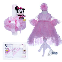 Set trusou complet pentru botez de fete, lumanare roz cu Minnie Mouse, rochita roz cu trena, trusou "cu drag de la nasi" si pantofiori, 10 piese, Recostore, REC1777