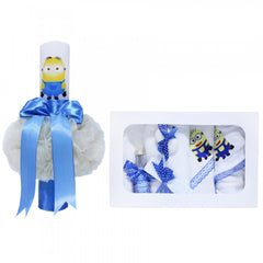 Set trusou si lumanare pentru botez de baieti, Minions, albastru, 8 piese, Recostore, REC1821