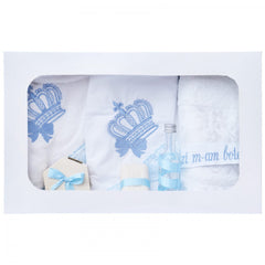 Trusou brodat cu coroana de print pentru botez de baieti, 7 piese, bleu, Recostore, REC2235