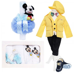 Trusou complet pentru botez baieti, costum galben, trusou brodat cu Mickey Mouse, lumanare cu Mickey Mouse de plus si pantofiori, bleu-galben, 14 piese, Recostore, REC2135